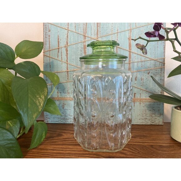 Vtg LE Smith Imperial Atterbury Scroll Green LidGlass Canister Apothecary Jar - Picture 1 of 9